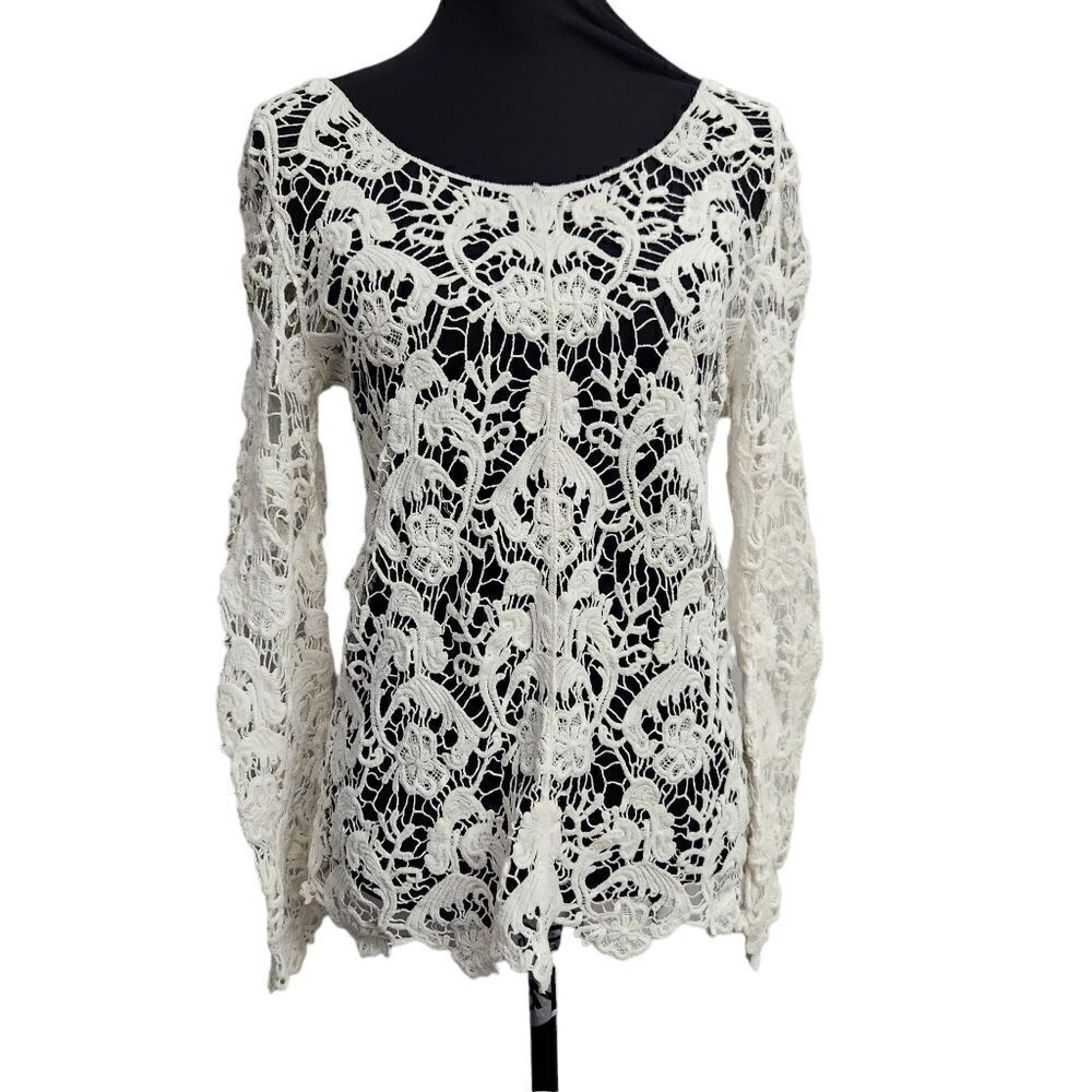 Crochet Sweater White Cream Open Weave Womens Small Long Sleeve